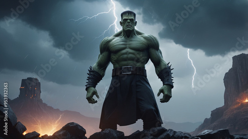 A powerful image of Frankenstein’s monster standing tall and defiant on a rocky hilltop during a raging thunderstorm. His neck bolts crackle with electricity as lightning strikes all around him, 