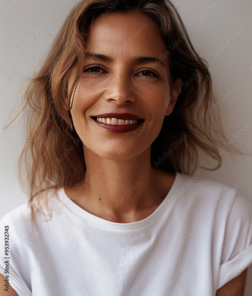 Portrait of beautiful natural mature woman in white t-shirt Portrait of beautiful natural mature woman in white t-shirt