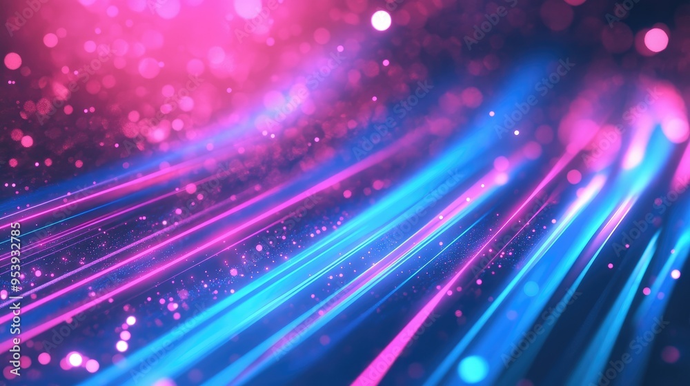 Fototapeta premium abstract background with pink blue glowing neon lines and bokeh lights. Data transfer concept 