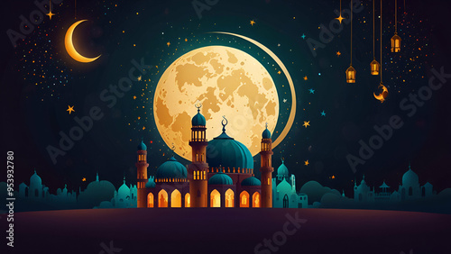 Vibrant Ramadan Banner with Mosque, Moon, Star, and Eid Mubarak Greetings