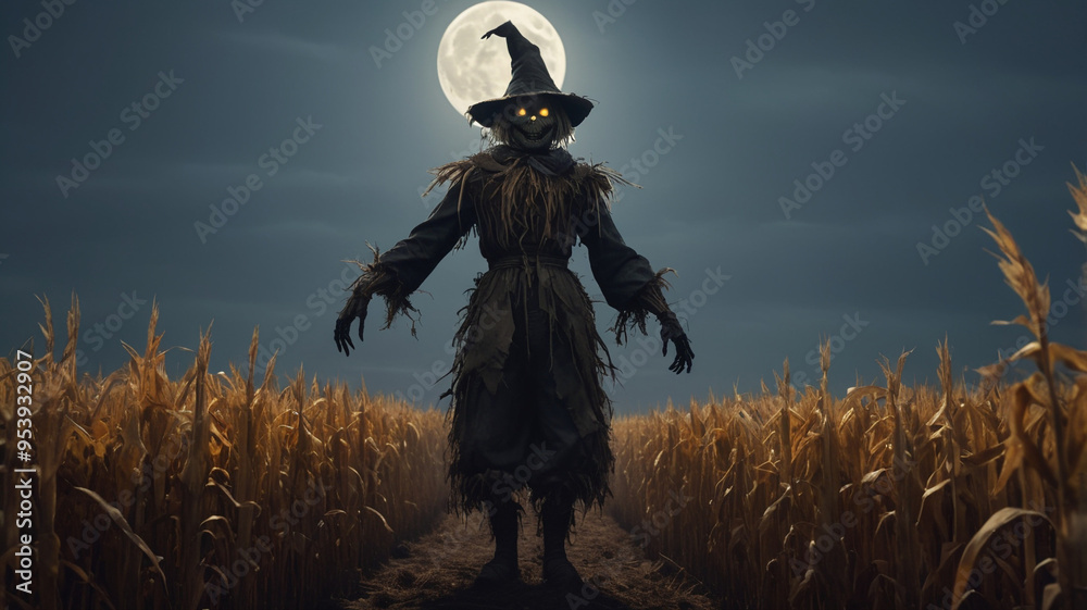 Fototapeta premium A scarecrow with a menacing, twisted face and ragged clothes stands amidst a dark, overgrown cornfield on a foggy Halloween night. The scarecrow’s face is carved into a frightening grin, 