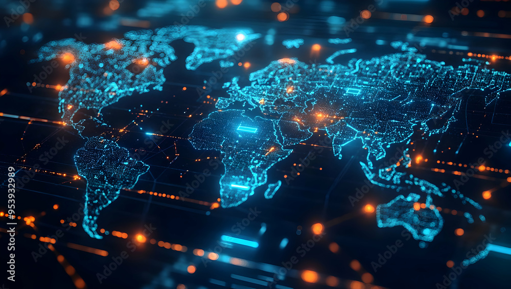 Obraz premium High-tech digital world map with glowing connections and data points, ideal for visualizing global networks and technology concepts.