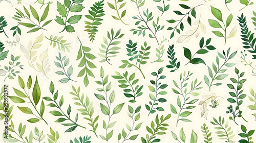 A natural and simple design featuring hand-drawn green leaves and plants in a seamless pattern, ideal for a clean and organic background.