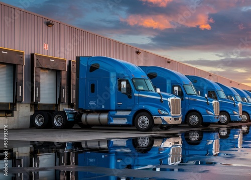 Blue Fleet at Sunset: A row of pristine blue semi-trucks stands parked in front of a large warehouse, bathed in the warm glow of a setting sun. A sense of strength, efficiency, and reliability pervade