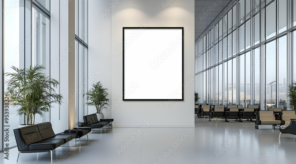Modern office interior with large empty frame, stylish furniture, bright natural light and greenery for a professional ambiance. Modern office interior with large empty frame, stylish furniture, bright natural light and greenery for a professional ambiance.