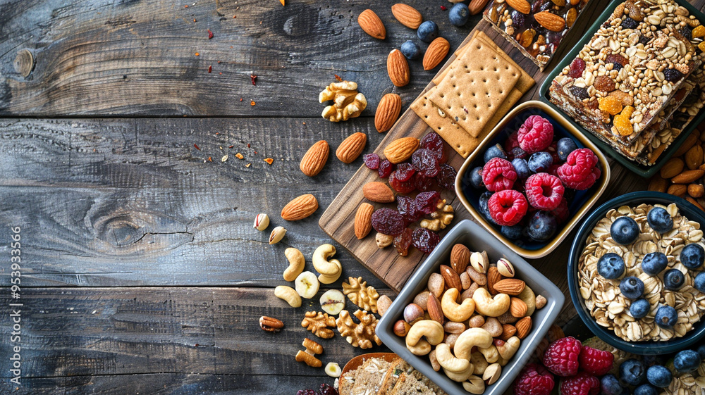 Assorted healthy snacks arranged beautifully on a rustic wooden table Assorted healthy snacks arranged beautifully on a rustic wooden table