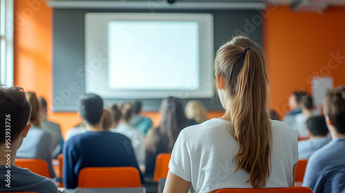 Students attentively listening during a lecture in a modern classroom with vibrant orange walls and a large projection screen