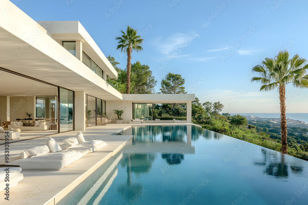 Fototapeta premium Stunning modern villa with an infinity pool, palm trees, and breathtaking ocean views, perfect for luxury living and relaxation.