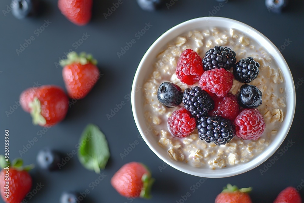 Bowl of oatmeal with fresh berries on dark surface Bowl of oatmeal with fresh berries on dark surface