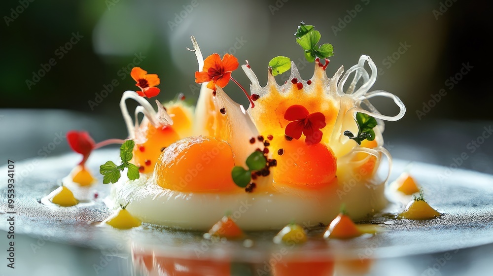 Gourmet Dish with Orange Spheres and Edible Flowers Gourmet Dish with Orange Spheres and Edible Flowers