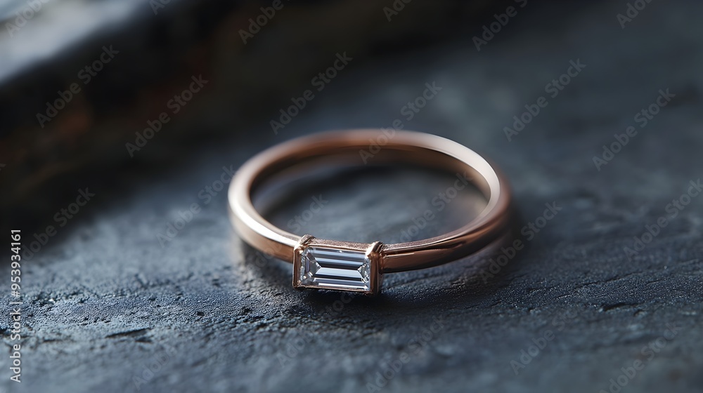 Exquisite minimalist diamond baguette ring set in a slender rose gold band showcased on a simple monochromatic background Exquisite minimalist diamond baguette ring set in a slender rose gold band showcased on a simple monochromatic background