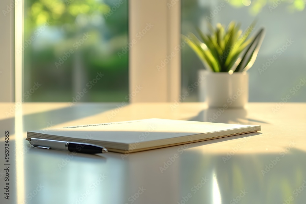 Sunlit workspace with notebook and pen, plant in background Sunlit workspace with notebook and pen, plant in background