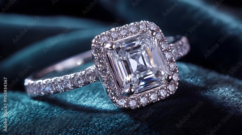 Exquisite radiant cut diamond ring set in gleaming platinum surrounded by smaller diamonds showcased on a rich velvet backdrop for a luxurious elegant display Exquisite radiant cut diamond ring set in gleaming platinum surrounded by smaller diamonds showcased on a rich velvet backdrop for a luxurious elegant display