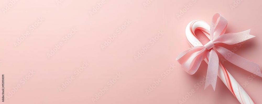 Pink candy cane tied with a pink ribbon on a pink background.