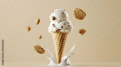 Ice Cream Cone with Cookie Dough Ice Cream and Milk Splash