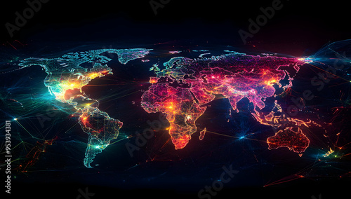 Vibrant global map showcasing interconnected networks and digital data flows across continents in vivid colors. photo