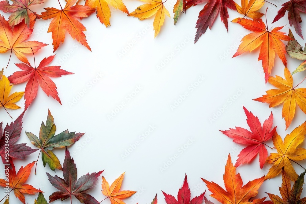 Autumn Maple Leaves Flat Lay White Background created with Generative AI Autumn Maple Leaves Flat Lay White Background created with Generative AI