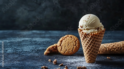 Vanilla Ice Cream Cone with Cookies on a Dark Background