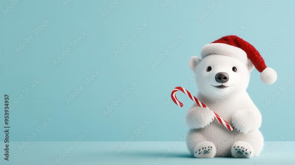 Cute polar bear wearing a Santa hat and holding a candy cane on a blue background. Cute polar bear wearing a Santa hat and holding a candy cane on a blue background.