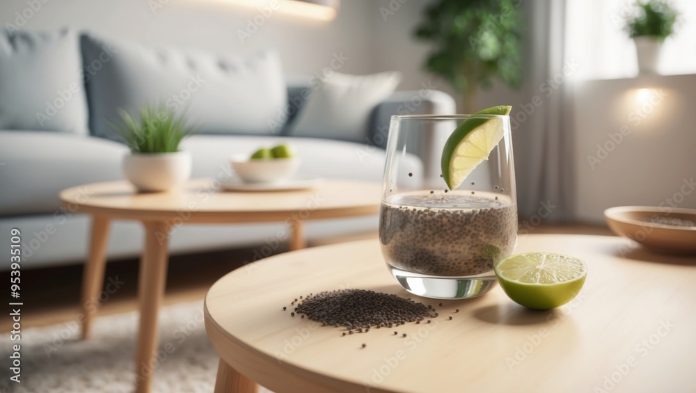 A refreshing glass of chia water with lime on a wooden table in a cozy living room A refreshing glass of chia water with lime on a wooden table in a cozy living room