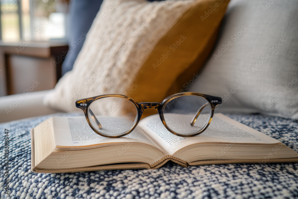 Open book with reading glasses resting on top, showing a cozy spot for reading Open book with reading glasses resting on top, showing a cozy spot for reading