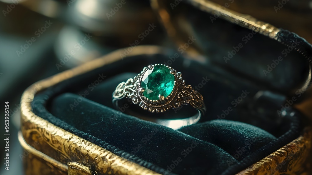 Exquisite antique style emerald ring with an oval shaped gemstone encased in a detailed silver band resting on a luxurious velvet jewelry box for a timeless elegant display Exquisite antique style emerald ring with an oval shaped gemstone encased in a detailed silver band resting on a luxurious velvet jewelry box for a timeless elegant display