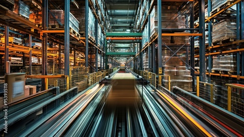 Conveyor Belt System in a Large Warehouse with Pallets of Goods