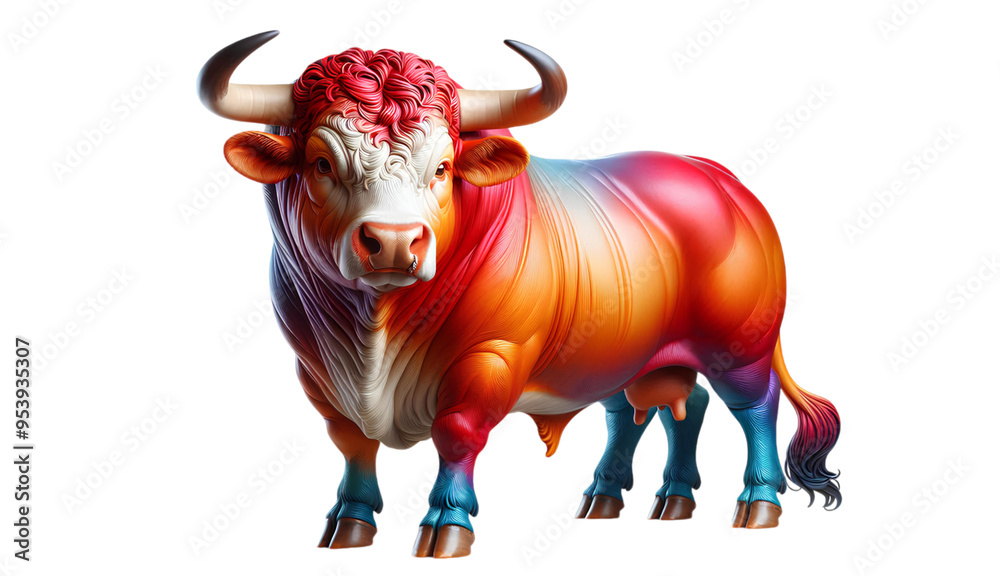 Dynamic abstract bull illustration with smooth gradient textures in vibrant red, orange, and blue hues, emphasizing strength and power on a clean white background. Dynamic abstract bull illustration with smooth gradient textures in vibrant red, orange, and blue hues, emphasizing strength and power on a clean white background.