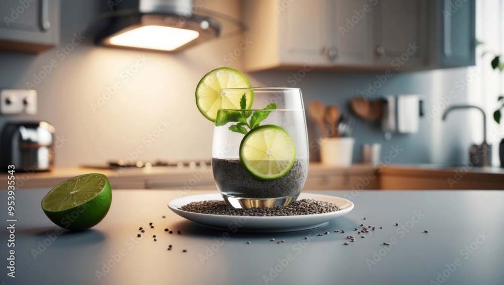 A refreshing glass of chia seed beverage with lime slices and mint on a kitchen counter A refreshing glass of chia seed beverage with lime slices and mint on a kitchen counter
