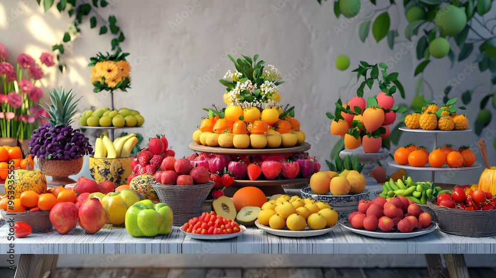 A colorful brunch table with 3D-rendered fresh fruits vegetables and weekly specials A colorful brunch table with 3D-rendered fresh fruits vegetables and weekly specials