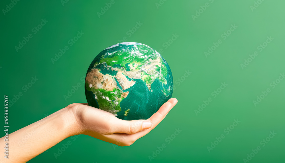 A hand holding a globe in a green field. Concept of the importance of taking care of the planet and the need to be mindful of our actions A hand holding a globe in a green field. Concept of the importance of taking care of the planet and the need to be mindful of our actions