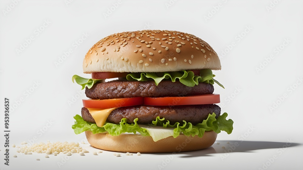 A large hamburger with lettuce, tomato, and cheese A large hamburger with lettuce, tomato, and cheese