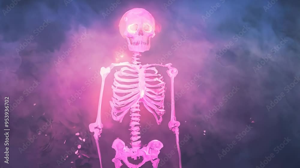 Glowing human skeleton in dark, eerie, foggy forest, illuminated with pink and purple light, mysterious and surreal atmosphere. Glowing human skeleton in dark, eerie, foggy forest, illuminated with pink and purple light, mysterious and surreal atmosphere.