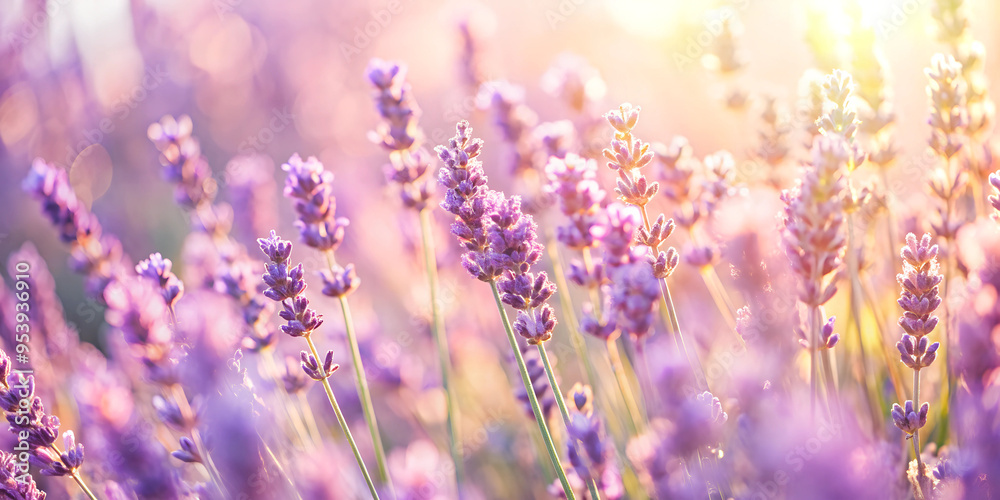 Naklejka premium A soft focus background of lavender plants, bathed in the gentle glow of sunlight The light creates a dreamy and ethereal atmosphere with the delicate petals of lavender Generative AI 