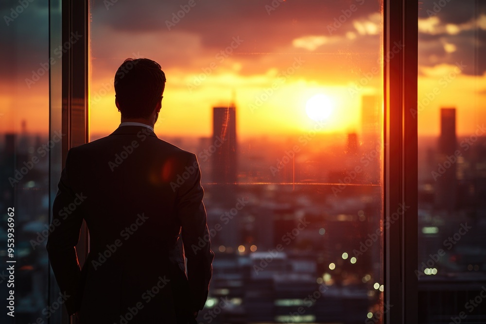 Man Looking Out Window At Sunset Man Looking Out Window At Sunset
