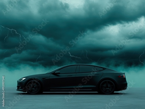 A sleek, minimalistic EV car amidst an electric storm, digital networks visible across the sky, blending technology and nature