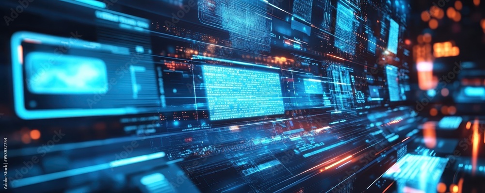 Obraz premium Futuristic technology interface with glowing data screens, representing digital communication, data transfer, and virtual networks.
