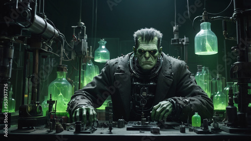 Frankenstein's monster, with his iconic square head, bolts in his neck, and stitched skin, stands in a dimly lit, gothic laboratory filled with strange scientific equipment. 
