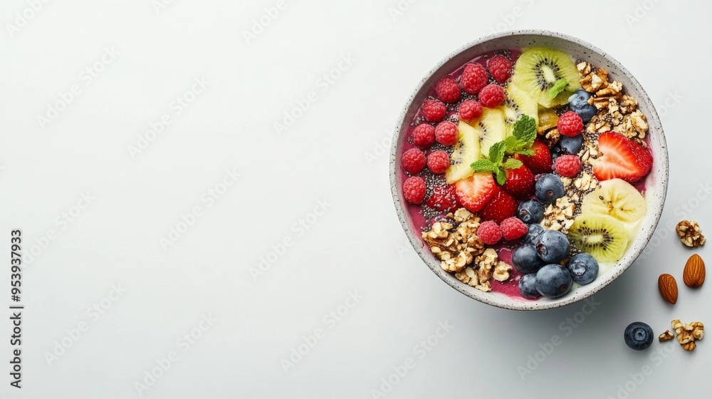 A high-quality stock image of a healthy smoothie bowl topped with fruits and nuts on the right side, leaving space on the left for text. Ideal for health blogs, nutrition guides. A high-quality stock image of a healthy smoothie bowl topped with fruits and nuts on the right side, leaving space on the left for text. Ideal for health blogs, nutrition guides.