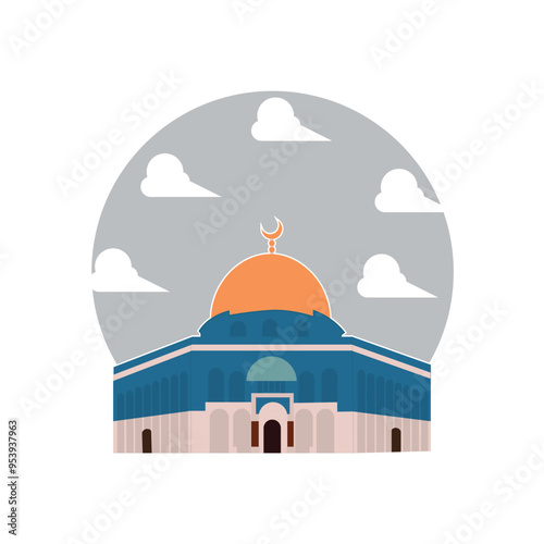 Illustration of the Al Aqsa mosque, Isra Miraj background.