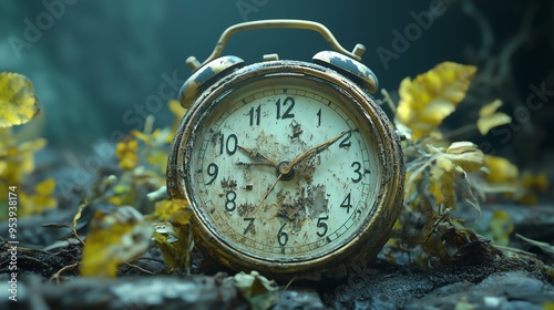 A close-up of an old, weathered alarm clock partially buried among leaves and dirt, symbolizing the relentless passage of time and nature's reclamation of man-made objects.