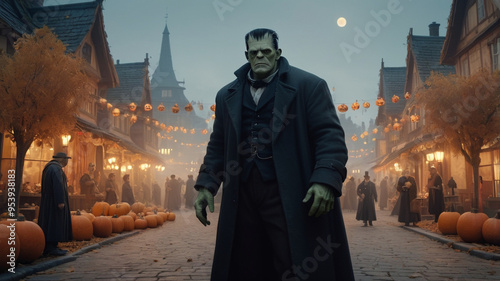 Frankenstein’s monster, with his towering frame, neck bolts, and stitched features, stands awkwardly in the center of a quaint village square on Halloween night.  photo