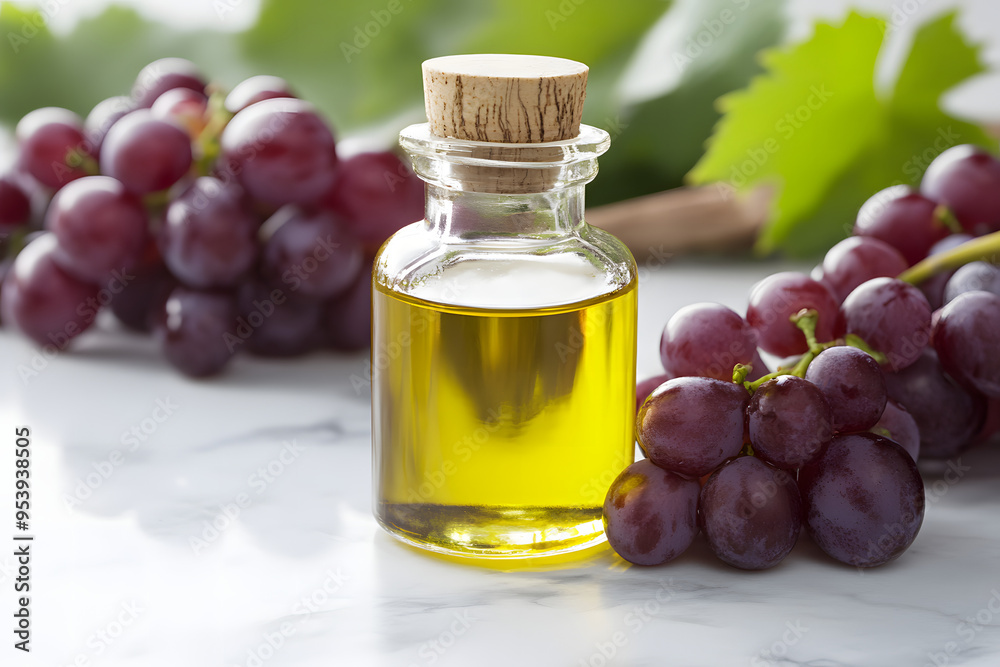 Artistic Display of Cold-Pressed Grapeseed Oil with Fresh Grapes Artistic Display of Cold-Pressed Grapeseed Oil with Fresh Grapes