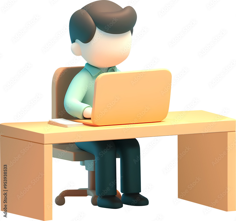Office worker employee faceless character with laptop, 3D cute illustration Office worker employee faceless character with laptop, 3D cute illustration