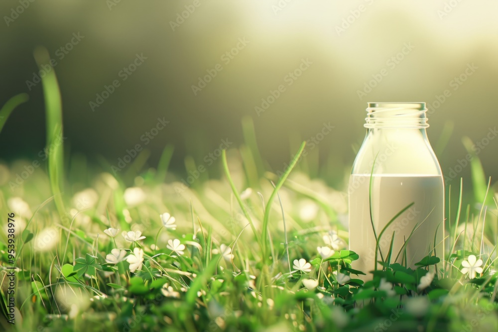 Fresh Milk Bottle in a Lush Green Meadow with White Flowers – Natural and Organic Beverage Concept Fresh Milk Bottle in a Lush Green Meadow with White Flowers – Natural and Organic Beverage Concept