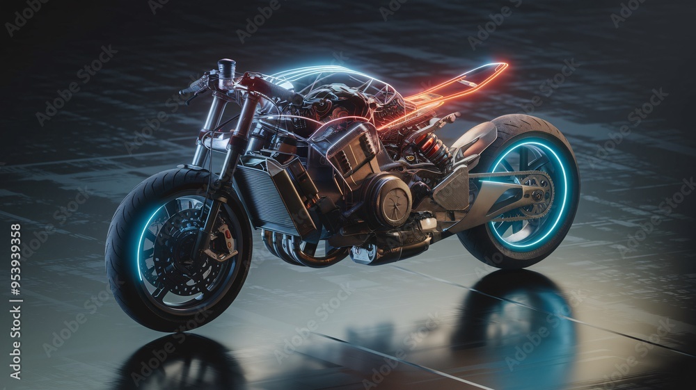 Futuristic Motorcycle: A sleek, futuristic motorcycle with glowing blue and red accents, standing on a reflective surface in a dramatic studio setting. The image evokes a sense of speed, power, and in Futuristic Motorcycle: A sleek, futuristic motorcycle with glowing blue and red accents, standing on a reflective surface in a dramatic studio setting. The image evokes a sense of speed, power, and in