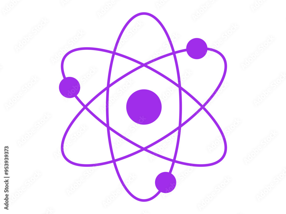 Purple silhouette of an atom with orbiting electrons isolated on a white background. Concept of science, physics, atomic structure, minimalism. Icon, symbol, design element. Purple silhouette of an atom with orbiting electrons isolated on a white background. Concept of science, physics, atomic structure, minimalism. Icon, symbol, design element.