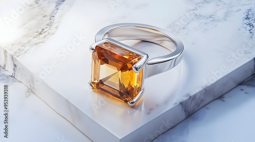 Closeup of a modern square cut citrine crystal ring set in a clean white gold band resting on a marble backdrop with sleek angular lines creating a minimalist high end jewelry product shot photo