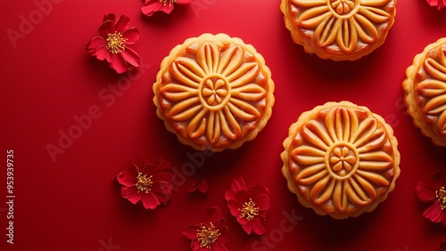 Moon cake on the red background, Asian traditional festival, Mid-Autumn festival. Chinese traditional festival, copy space for text