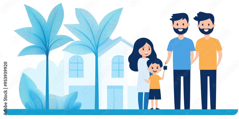 An energetic young couple with a dog and child receives the keys to a new home from a male realtor. An energetic young couple with a dog and child receives the keys to a new home from a male realtor.